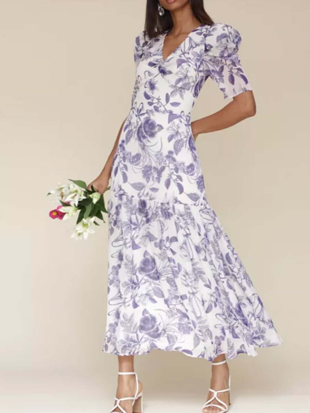 Avec Les Filles Porcelain Floral Chiffon Dress Puff Sleeve- Size 8 NWT